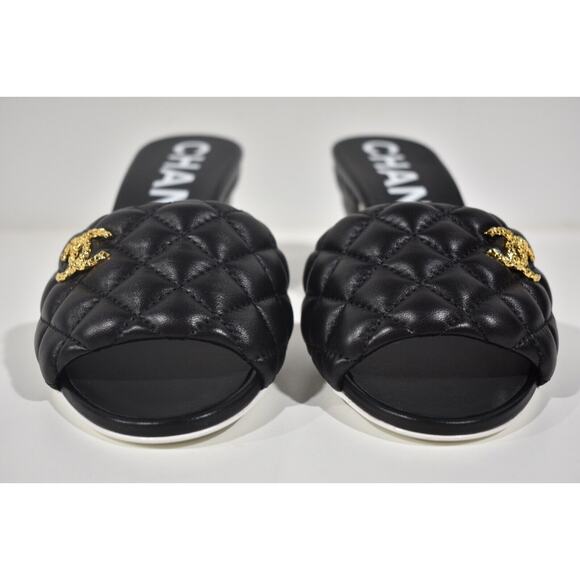 Chanel REV Black Lambskin Quilted CC Gold Logo Cone Heel Mule Slide Sandal 39 - Picture 6 of 11